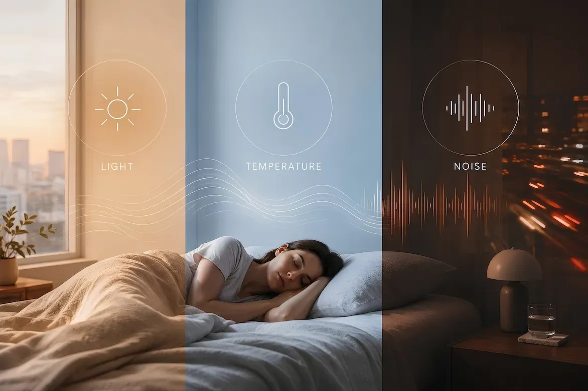 A woman asleep in bed, the scene split into three panels labeled Light, Temperature, and Noise — a bright window, a cool blue middle, and a dark city-at-night side.