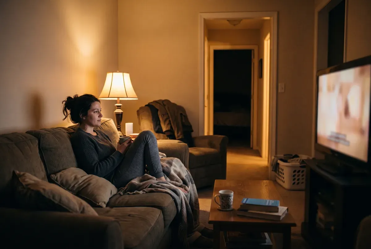 Woman sitting on the sofa late at night watching television, with a dark, unused bedroom visible down the hallway behind her.