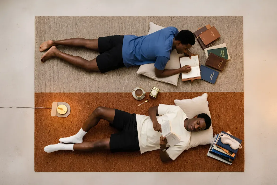 Overhead view of a man resting on the floor twice in one frame — writing in a journal beside a stack of books on a grey rug, and reading on a rust-colored rug — suggesting two separate rest periods.
