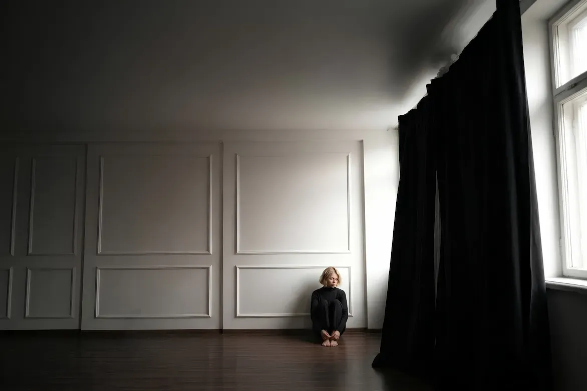A person dressed in black sits hunched on the floor of a bright, bare room where a single blackout curtain covers only part of the window, letting daylight spill in.