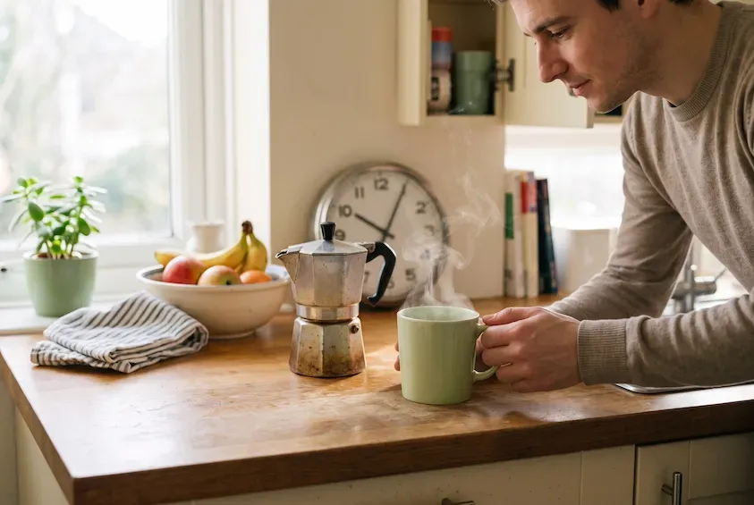Man leaning on a sunlit kitchen counter with a steaming mug and a stovetop coffee pot, a wall clock behind him.