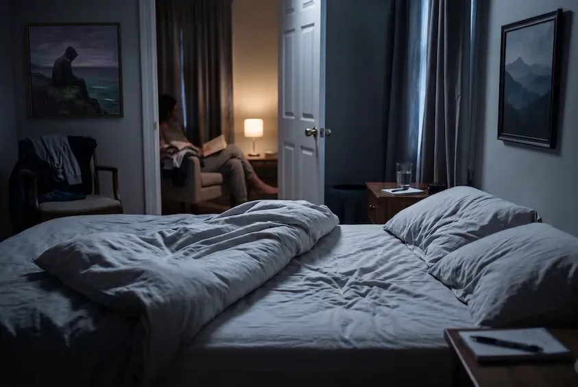 Empty bed with the covers thrown back at night, and a person reading under a lamp in the lit room through the open doorway.