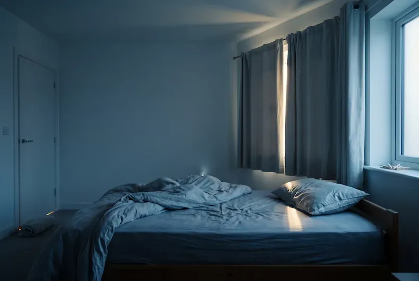Dim bedroom with an unmade bed, daylight leaking through a gap between curtain panels and a rolled towel on the floor by the door.