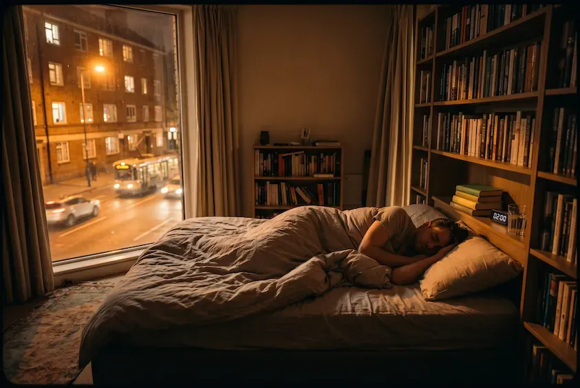 Woman asleep in a bed beside a large window, a lit city street with passing traffic visible outside.