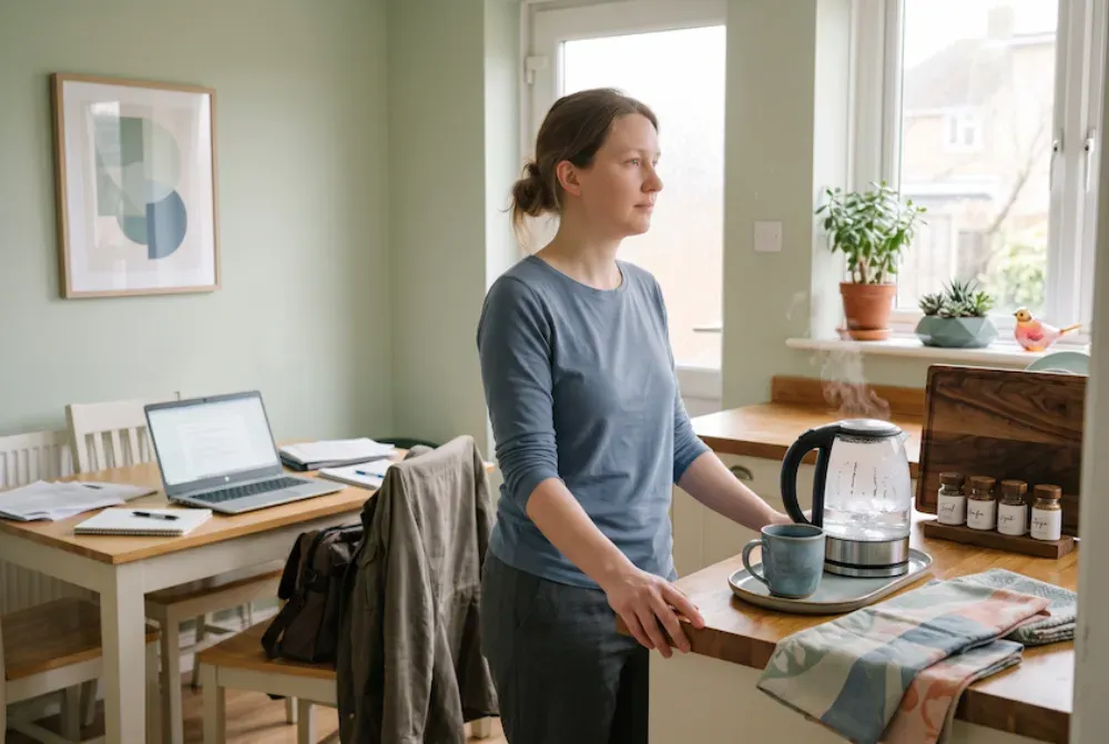 Woman standing still at a kitchen worktop waiting for the kettle to boil, an open laptop and papers on the table behind her.