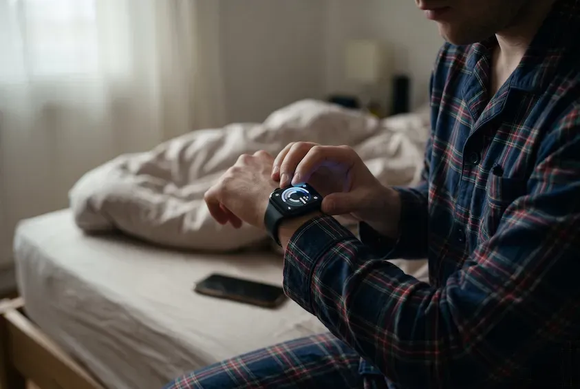Man in pyjamas sitting on the edge of his bed, checking a sleep score on his smartwatch first thing in the morning.