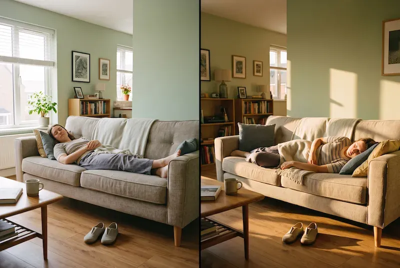 Split image of the same sofa across one afternoon — a short nap in high midday light on the left, still asleep in long golden evening light on the right.