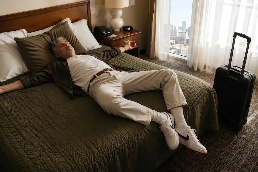 A grey-haired man in travel clothes lies back across a hotel bed beside a wheeled suitcase, a city skyline visible through the window.