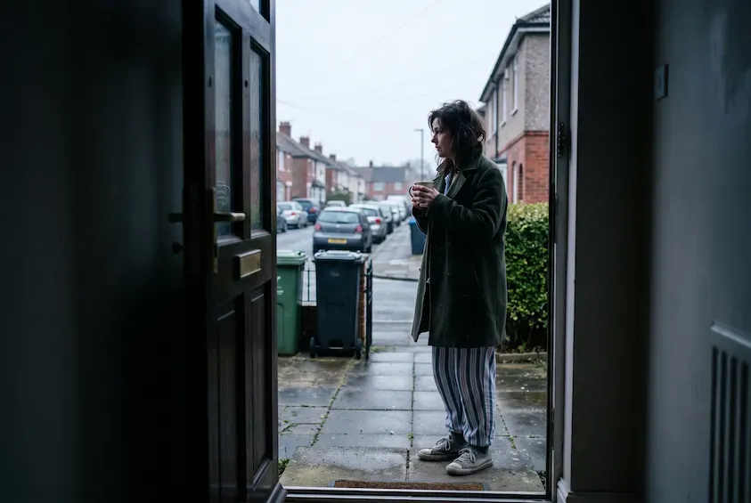 Woman standing on her front doorstep with a mug of coffee on an overcast morning, seen from inside the dark hallway.