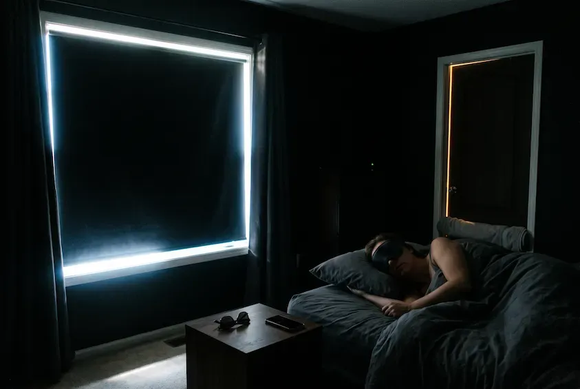 Person asleep in a blacked-out bedroom in daylight, bright sunlight burning around the edges of a blackout blind, sunglasses on the bedside table.