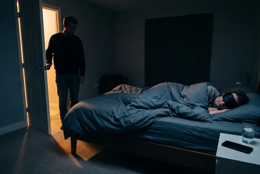 Man coming into a dark bedroom from a lit hallway while his partner sleeps in a sleep mask, keeping the door only partly open.