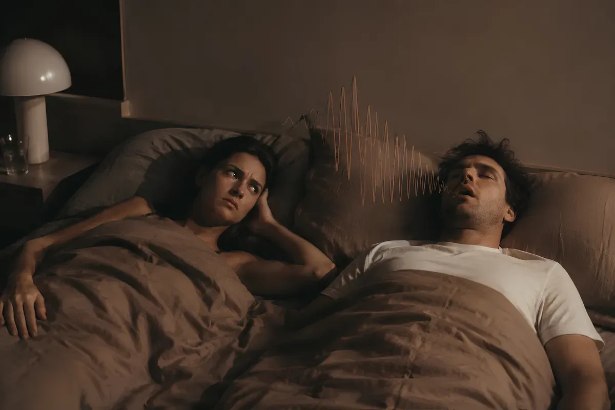 A woman lies awake in a dim bedroom covering one ear with a frustrated look, while her partner sleeps with his mouth open and an orange sound wave rises from him.
