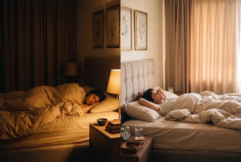 Split image of the same bed at two points in one night — curled up asleep under lamplight on the left, sprawled on their back in early daylight on the right.