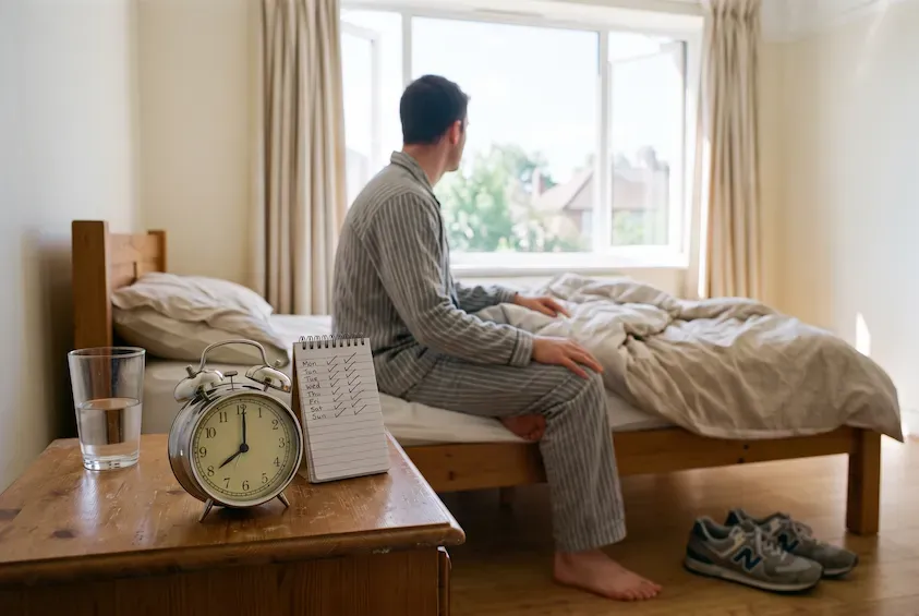 Alarm clock and a notepad of ticked-off days on a bedside table, with a man sitting up on the edge of the bed facing a bright window.