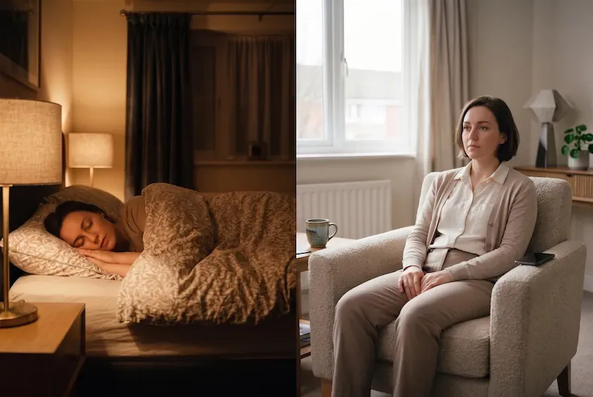 Split image of the same woman — asleep in bed at night on the left, sitting awake and depleted in an armchair in daylight on the right.