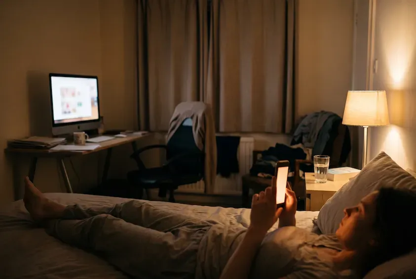 Woman lying in bed at night looking at her phone, with a desktop computer still switched on at a desk across the room.