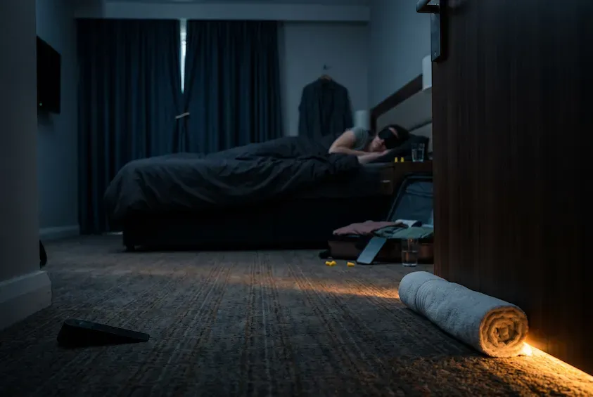 Rolled towel blocking light under a hotel room door, with a person asleep in a sleep mask on the bed beyond.