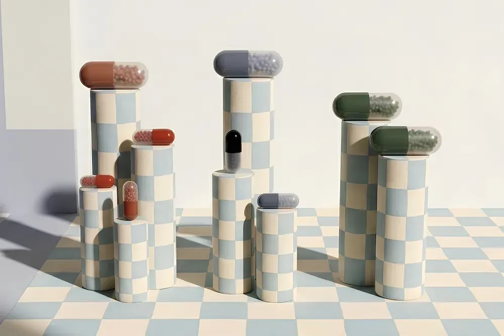 An arrangement of blue-and-cream checkerboard pedestals of varying heights, each topped with a different colored supplement capsule.