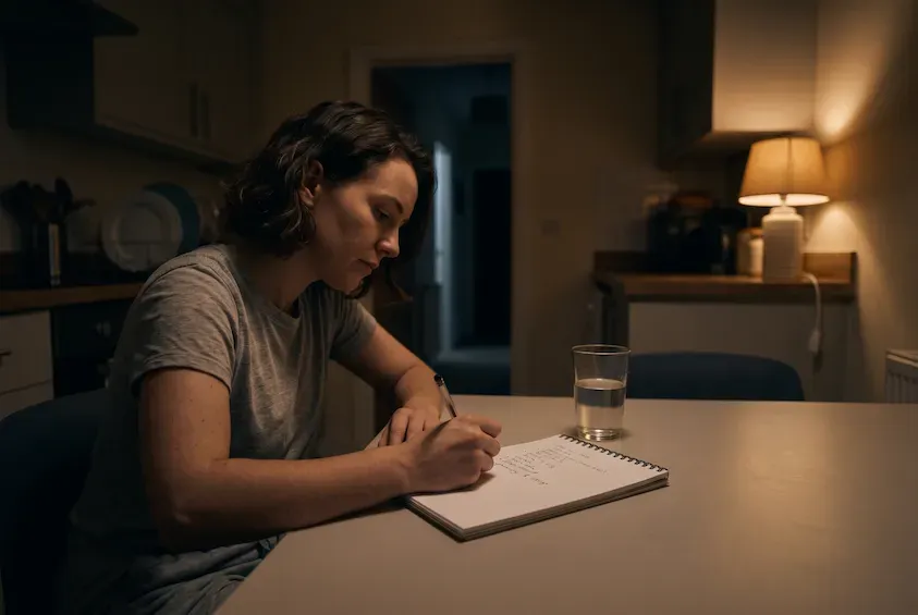 Woman writing a short list in a spiral notepad at her kitchen table by lamplight, with the overhead light switched off.