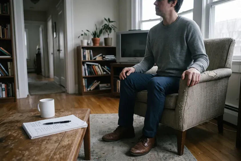 Man sitting upright and restless in an armchair in a daylit living room, gripping the chair arm, with a written list and a mug on the table beside him.