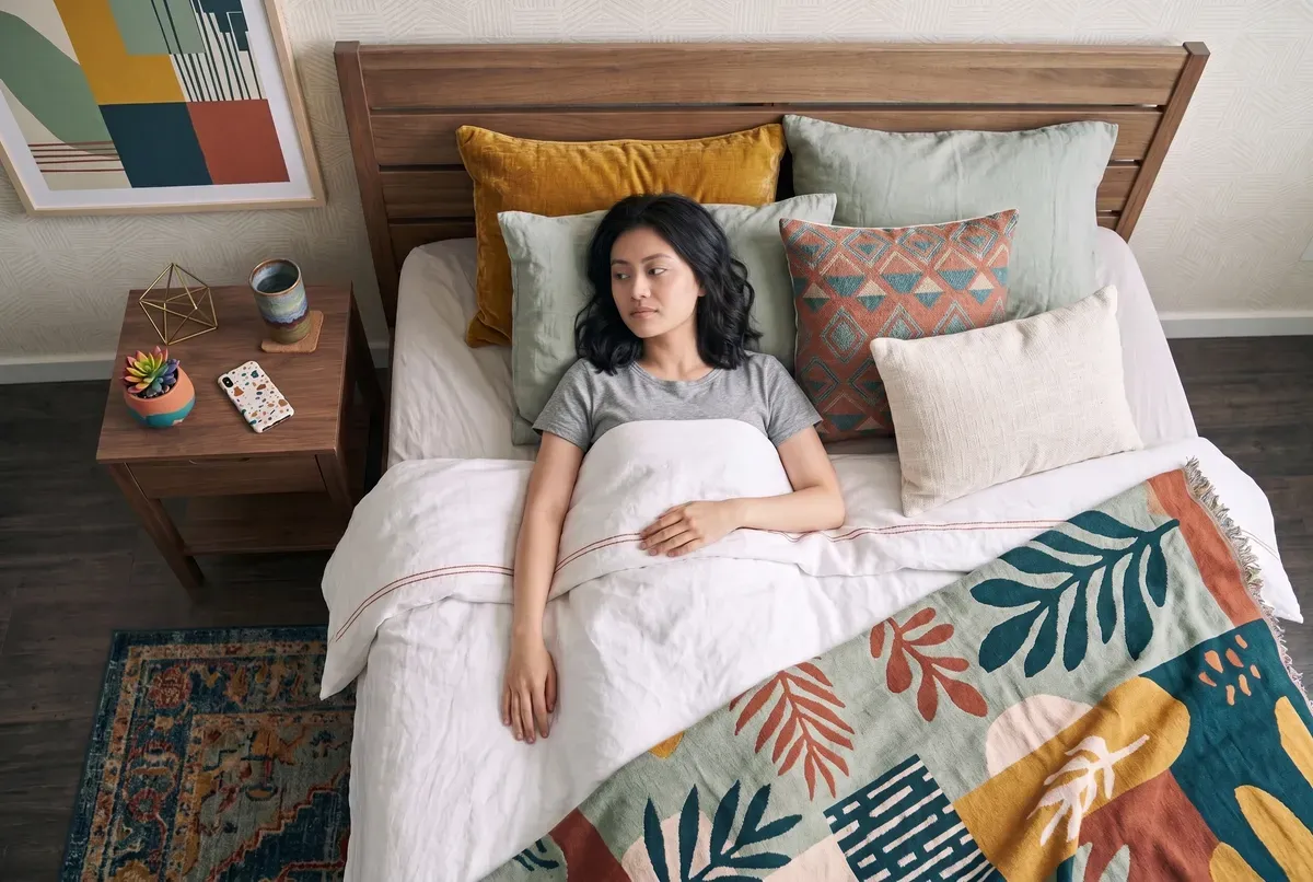 Overhead view of a woman lying awake in bed in the morning, eyes open, covers still smooth around her.
