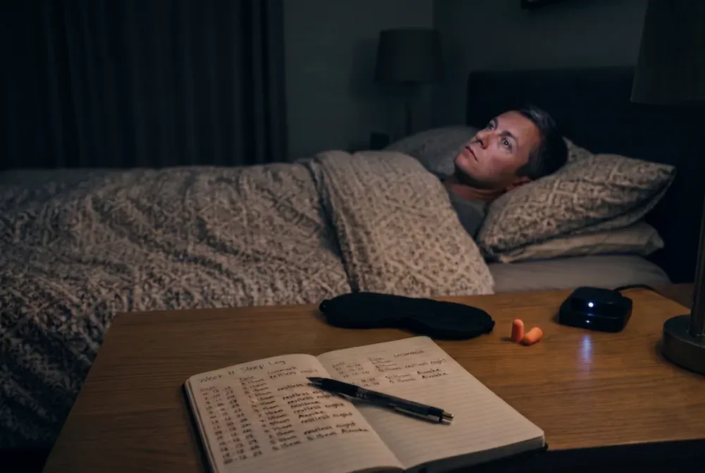 Man lying awake in bed at night, eyes open, with sleep books, a written sleep log, an eye mask, earplugs and a supplement box arranged on the bedside table in front of him.