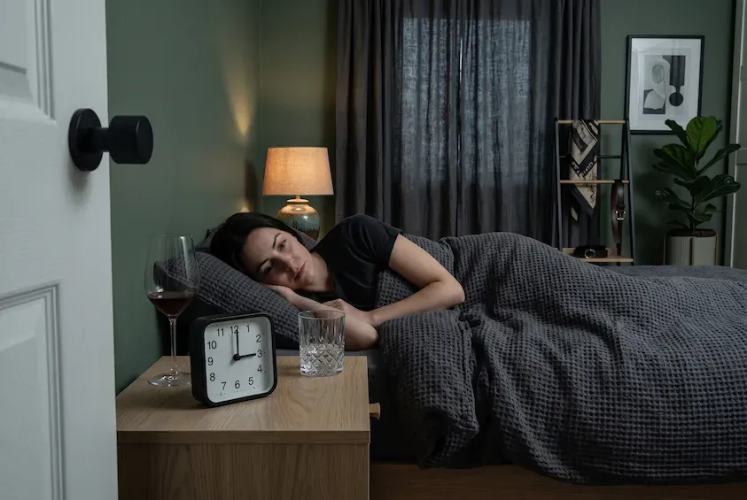 Woman awake in bed at night, an alarm clock reading three o'clock and an empty wine glass on the bedside table.