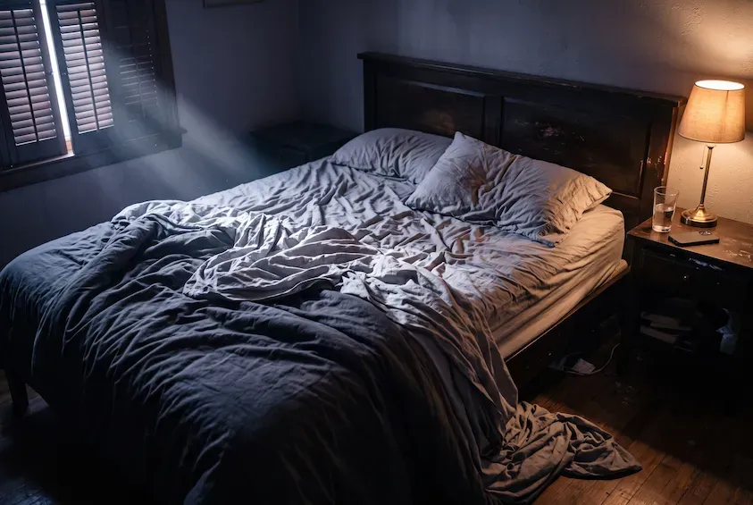 Empty, heavily rumpled bed in a dim bedroom, duvet pushed aside and a bedside lamp still on from the night before.