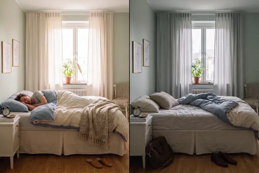 Split image of the same bedroom on two mornings — someone still asleep in bright late light on the left, the bed empty and hurriedly left in dimmer early light on the right.