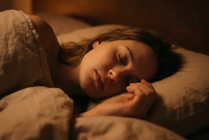 Close portrait of a woman deeply asleep on her side, face fully relaxed, lit softly from one side.