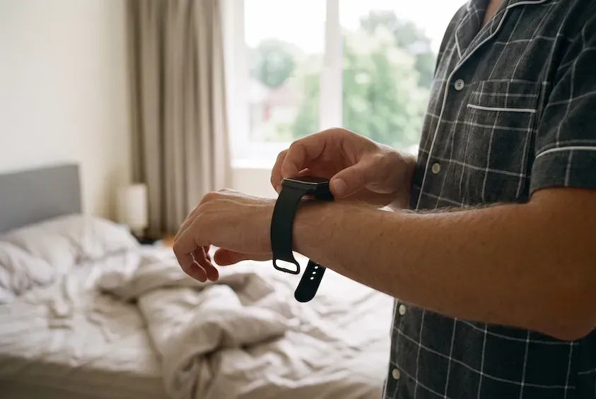 Man in pyjamas unfastening a smartwatch from his wrist in a bright bedroom, the screen dark.