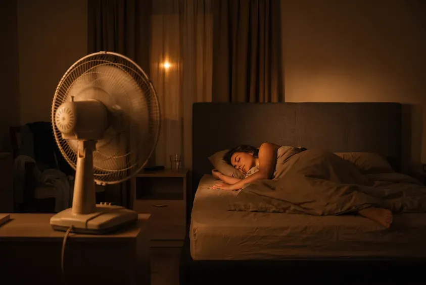 Woman asleep on her side in a warmly lit bedroom, with an electric fan running on a chest of drawers in the foreground.