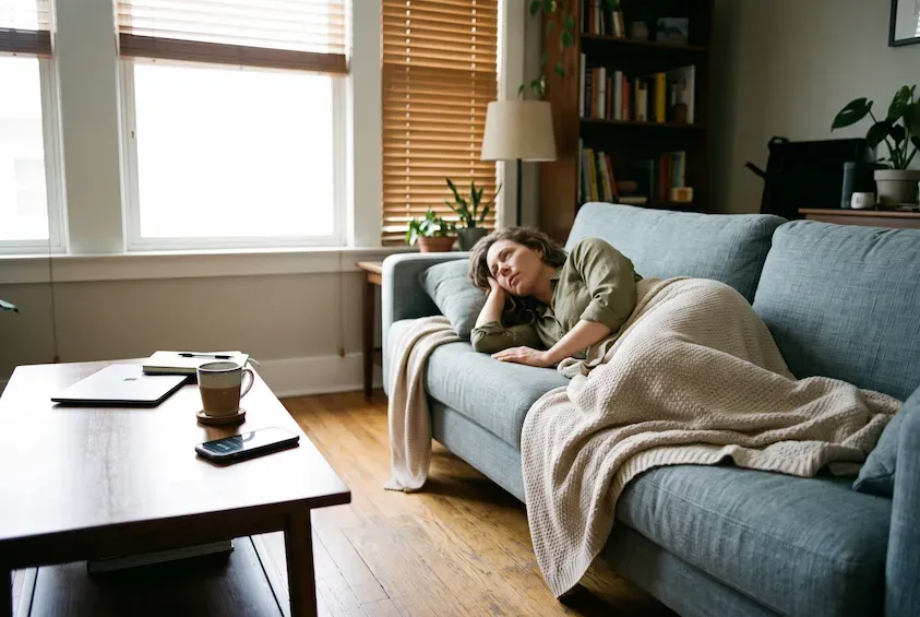 Woman napping on a sofa under a blanket in the afternoon, with a laptop and coffee left on the table beside her.